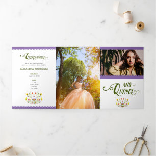 Purple Traditional Mexico Floral Photo Quinceanera Tri-Fold Invitation