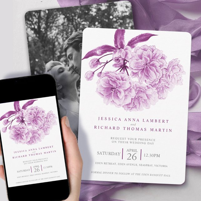 Purple tree blossom watercolor photo wedding invitation (Creator Uploaded)