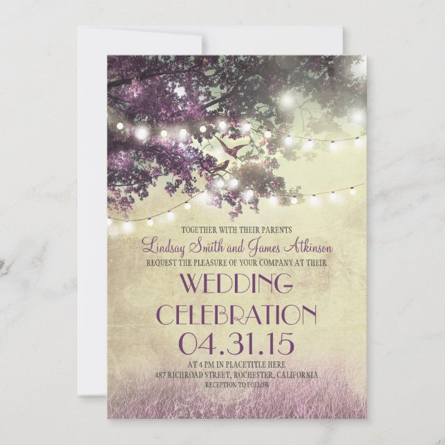 Purple tree Lights & Birds Wedding Invitation (Front)