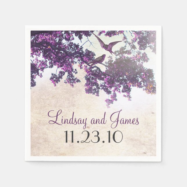 Purple Tree Love Birds Wedding Napkins (Front)