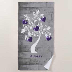 Purple Tree of Hearts Personalized Beach Towel