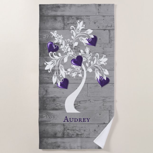 Purple Tree of Hearts Personalized Beach Towel (Front)