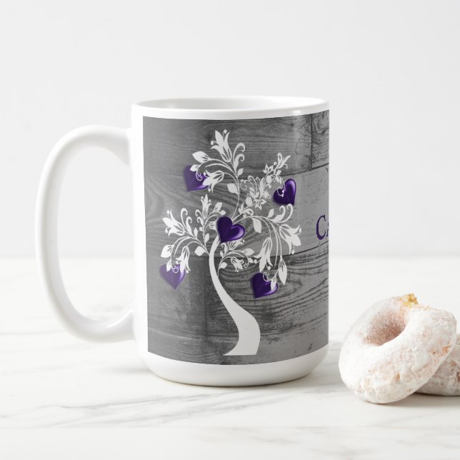 Purple Tree of Hearts Personalized Coffee Mug (With Donut)