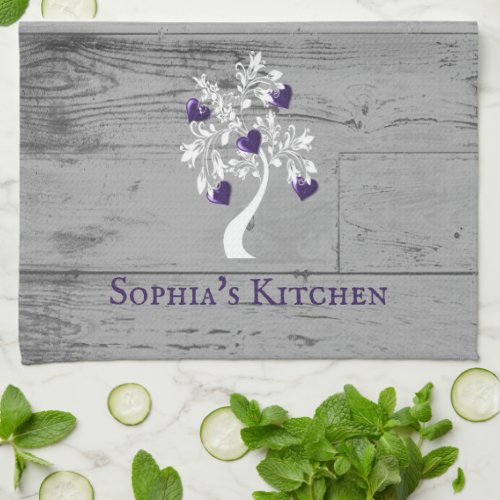 Purple Tree of Hearts Personalized Kitchen Towel