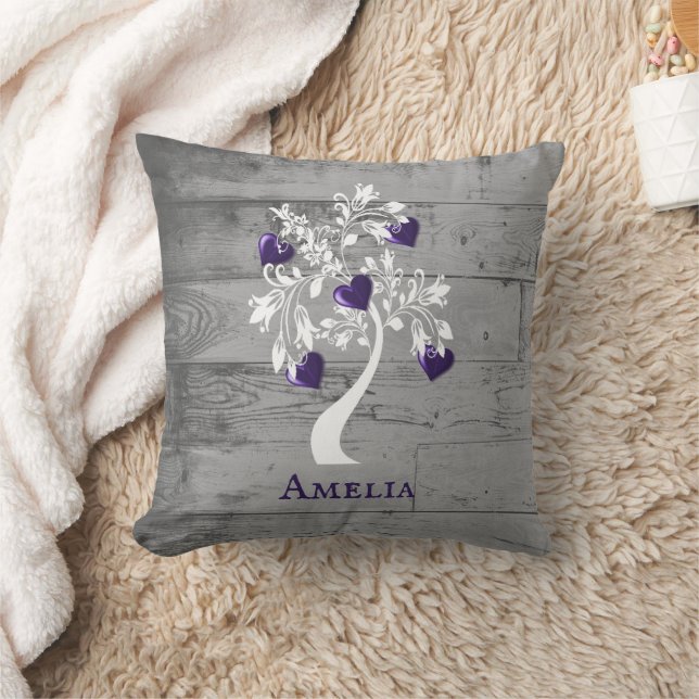 Purple Tree of Hearts Personalized Throw Pillow (Blanket)