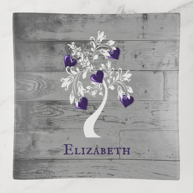 Purple Tree of Hearts Personalized Trinket Tray (Front)
