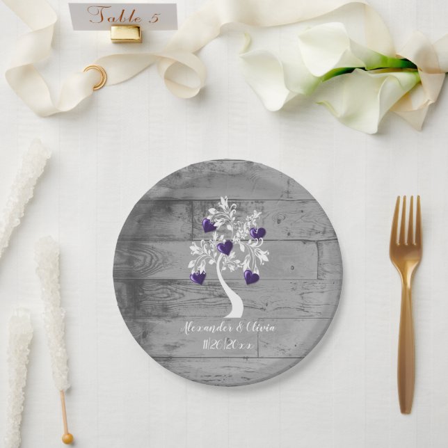 Purple Tree of Hearts Wedding Shower Paper Plate (Wedding)