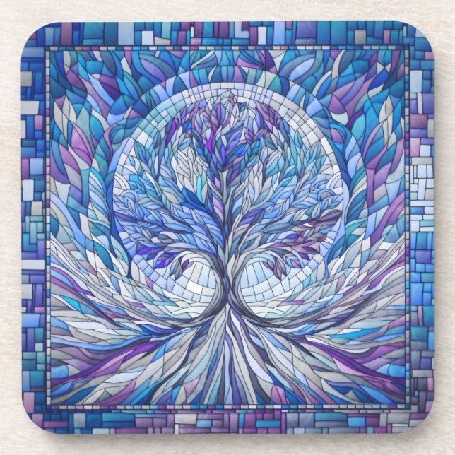 Purple Tree of Tranquility Mosaic art Beverage Coaster (Front)