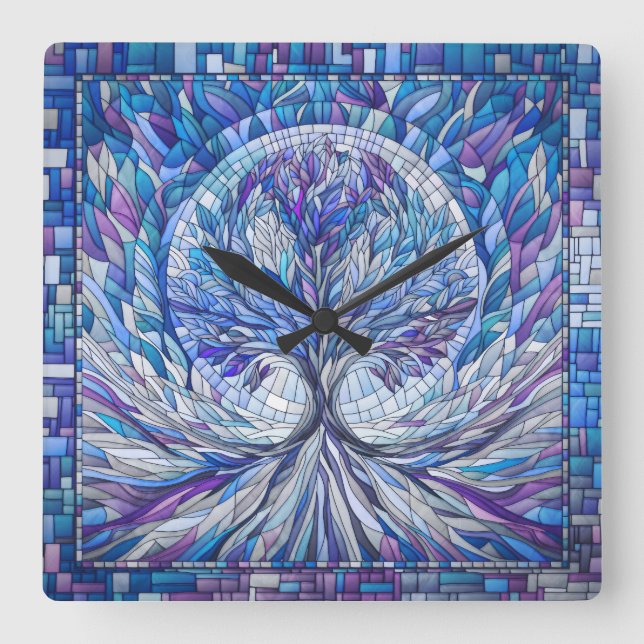 Purple Tree of Tranquility Mosaic art Square Wall Clock (Front)