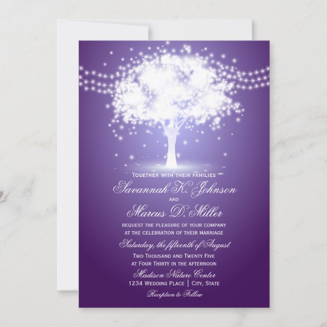 Purple Tree String Lights Wedding Invitations (Front)