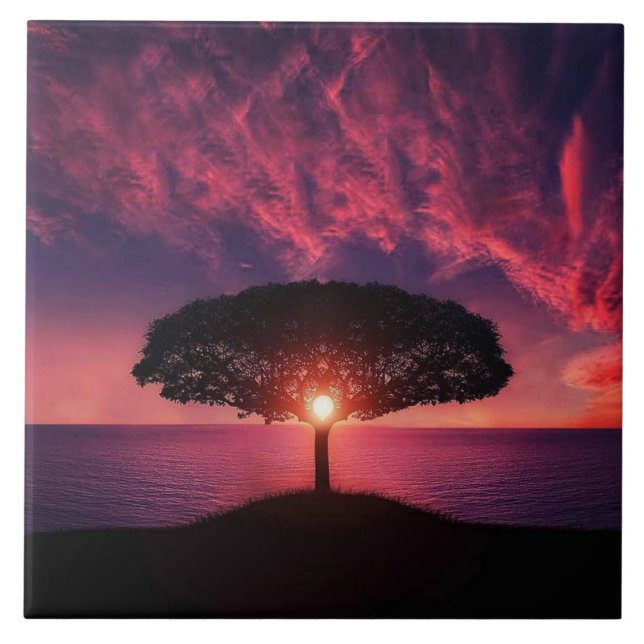 Purple Tree Sunset  Ceramic Tile (Front)