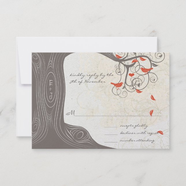 Purple Tree Swirls Love Birds Wedding Invitation (Front)