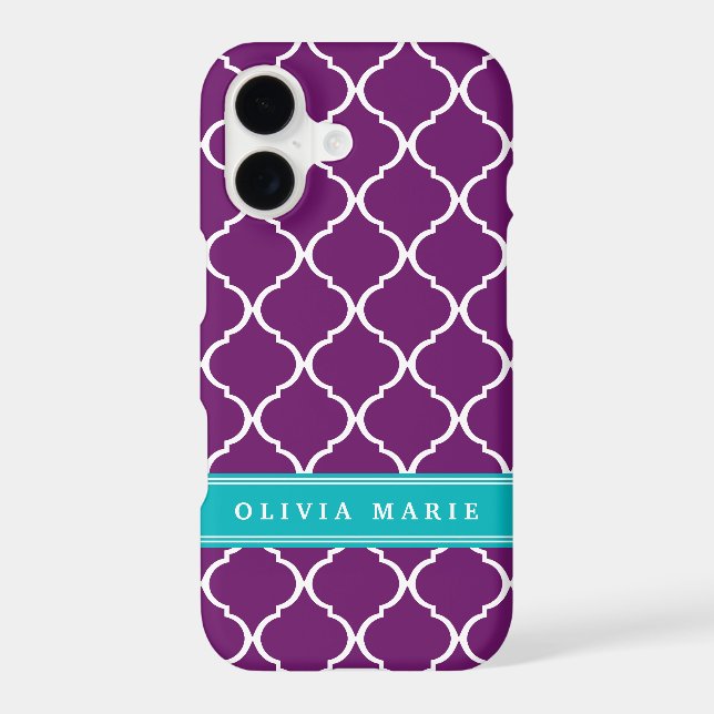 Purple Trellis Pattern Turquoise Name Iphone Case (Back)