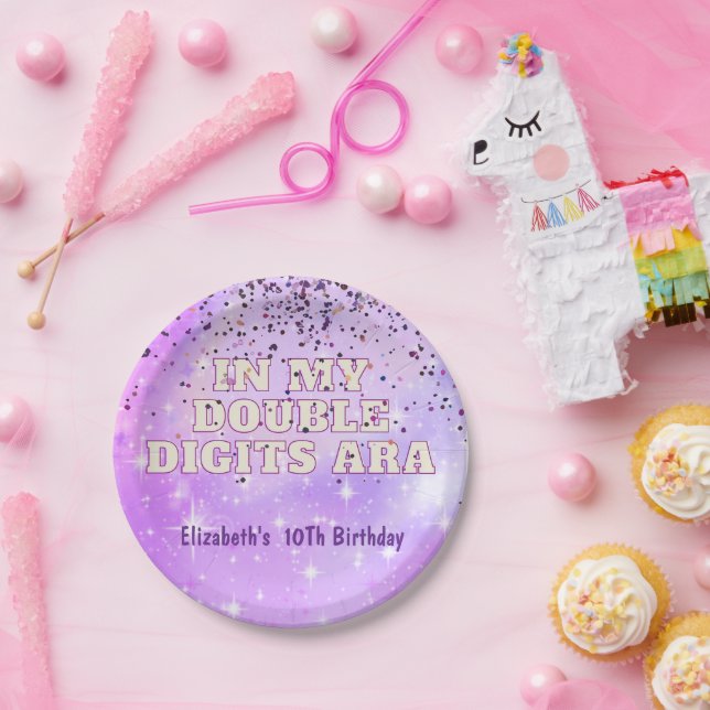 Purple Trendy In My Double Digits Era Birthday Paper Plates (Party)