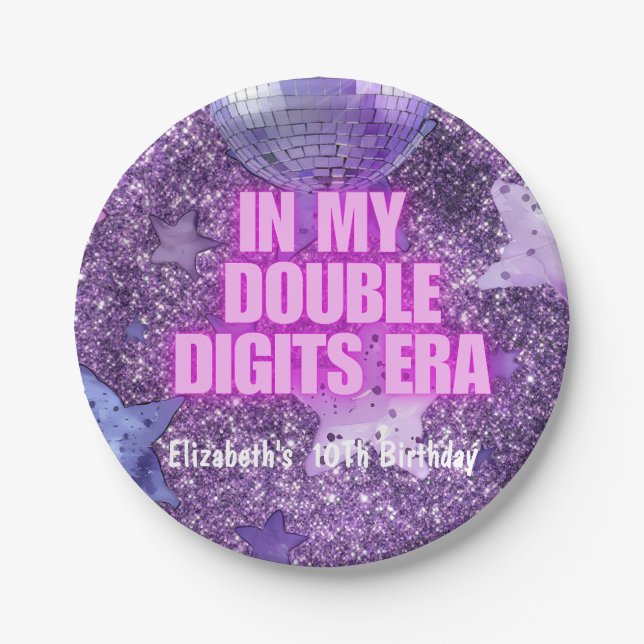 Purple Trendy In My Double Digits Era Birthday Paper Plates (Front)
