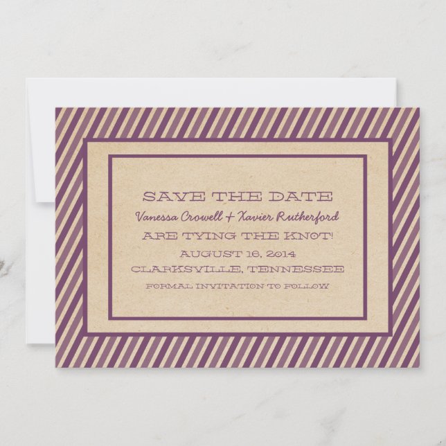 Purple Trendy Stripes Save the Date Invite (Front)