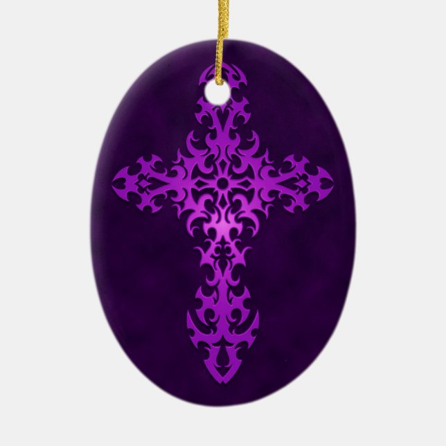 Purple Tribal Gothic Cross Ceramic Ornament (Front)