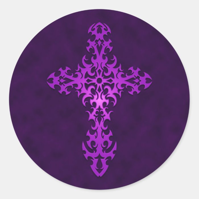 Purple Tribal Gothic Cross Round Stickers