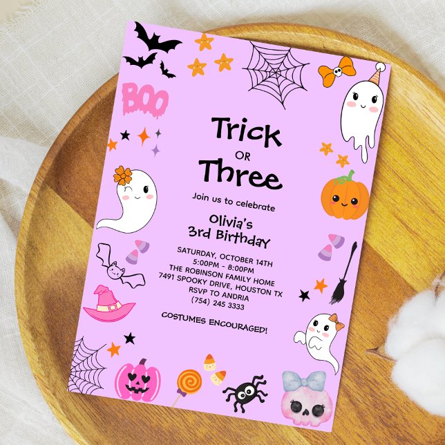Purple Trick or Treat Halloween 3rd Birthday  Invitation (Purple Trick or Treat Halloween 3rd Birthday Invitation )