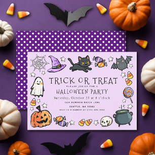 Purple Trick or Treat Kids Crayon Halloween Party  Invitation