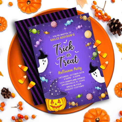 Purple Trick or Treat Kids Halloween Party Invitation