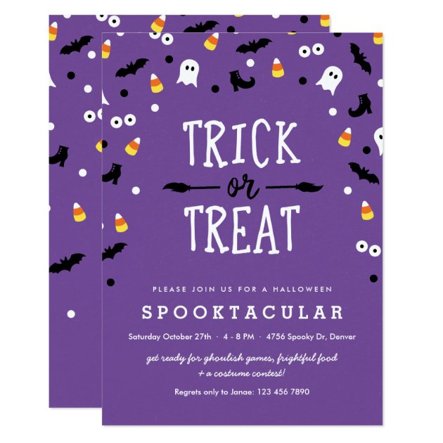 Purple Trick Or Treat Kids Halloween Party Invites