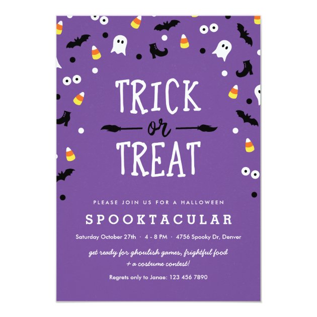 Purple Trick Or Treat Kids Halloween Party Invites