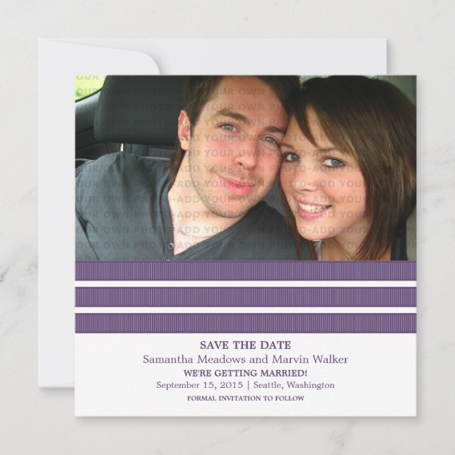 Purple Triple Stripe Photo Save the Date Invite (Front)