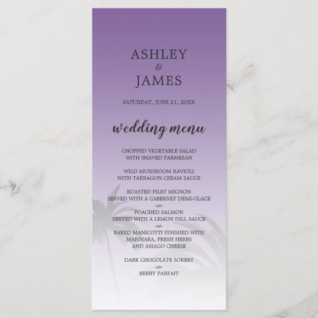 Purple Tropical Beach Wedding Menu (Front)