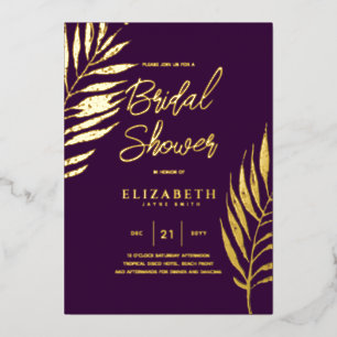 Purple Tropical Disco BRIDAL SHOWER Gold Leaves Foil Invitation