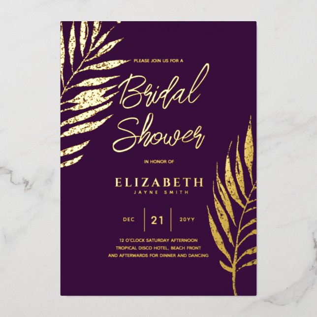 Purple Tropical Disco BRIDAL SHOWER Gold Leaves Foil Invitation (Front)