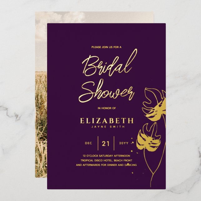 Purple Tropical Disco BRIDAL SHOWER Gold Leaves Foil Invitation (Front/Back)