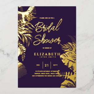 Purple Tropical Disco BRIDAL SHOWER Gold Leaves Foil Invitation