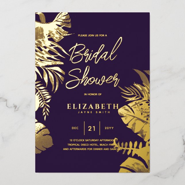 Purple Tropical Disco BRIDAL SHOWER Gold Leaves Foil Invitation (Front)