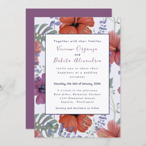Purple tropical floral wedding invitation