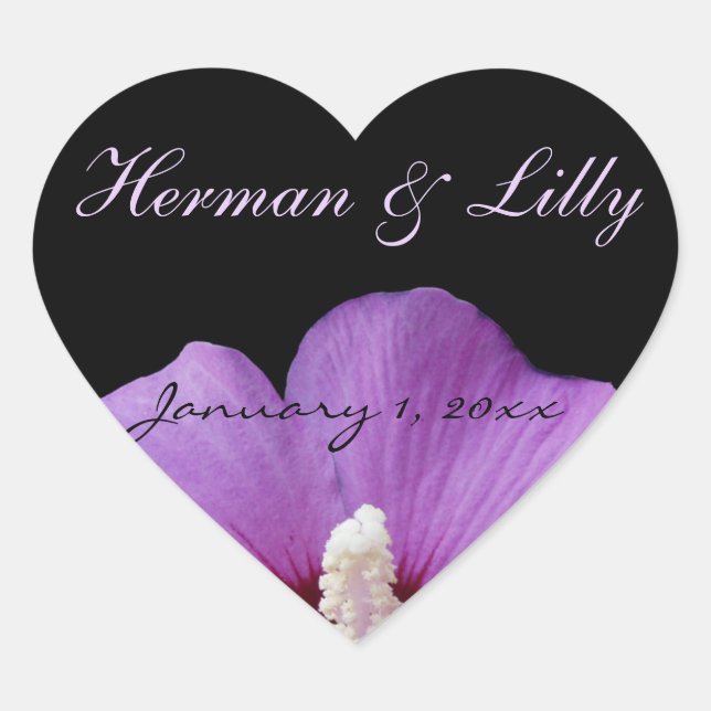 Purple Tropical Flower Personalized Wedding Heart Sticker (Front)