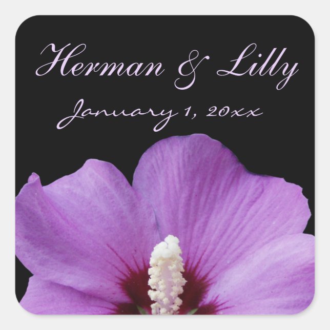Purple Tropical Flower Personalized Wedding Square Sticker (Front)