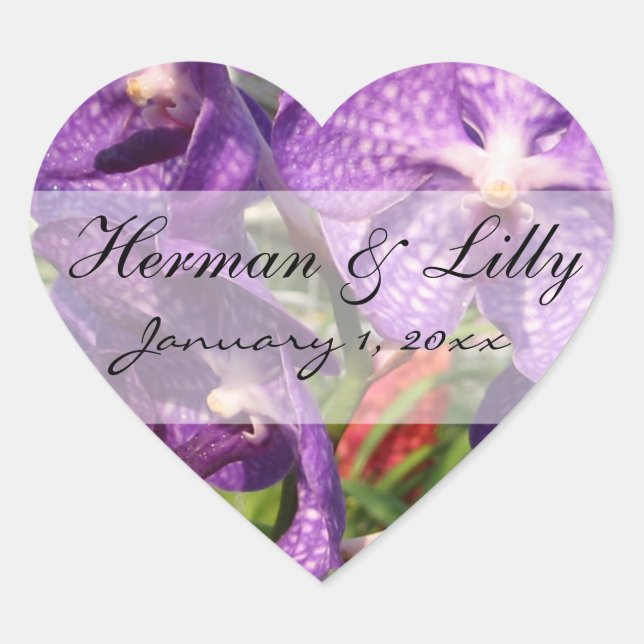 Purple Tropical Flowers Personalized Wedding Heart Sticker (Front)