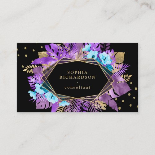 Purple Tropical Gold Leaves on Black  Geometric Business Card