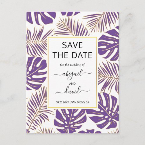 Purple tropical leaves wedding Save the Date Announcement Postcard