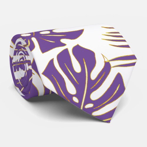 Purple tropical monstera and palm leaves neck tie