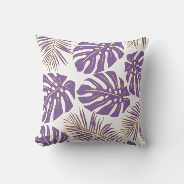 Purple tropical monstera leaves pattern outdoor pillow (Front)