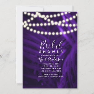 Purple Tropical Palm Leaves & Lights Bridal Shower Invitation