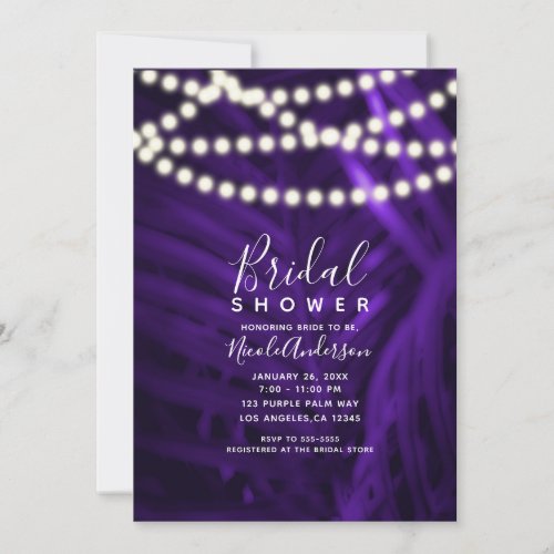 Purple Tropical Palm Leaves  Lights Bridal Shower Invitation