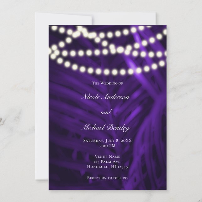 Purple Tropical Palm Leaves & Lights Wedding  Invitation (Front)