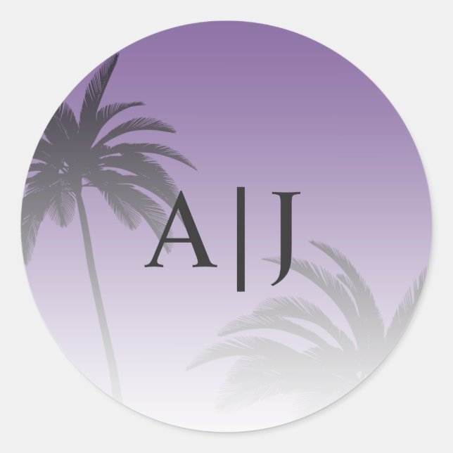 Purple Tropical Palm Tree Beach Monogram Wedding Classic Round Sticker (Front)