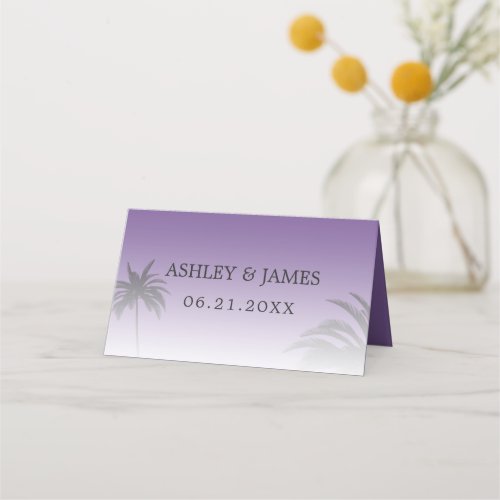 Purple Tropical Palm Tree Beach Wedding Place Card