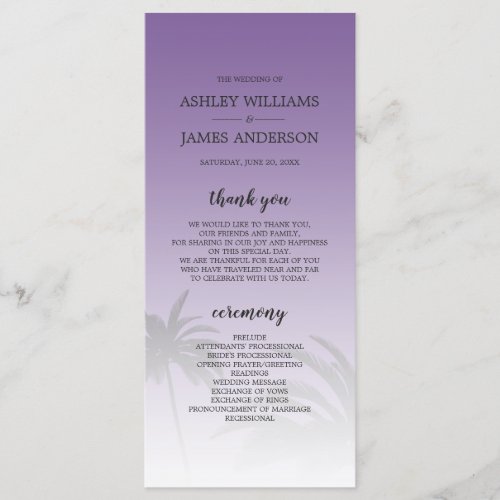 Purple Tropical Palm Tree Beach Wedding Program