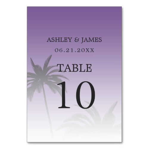 Purple Tropical Palm Tree Beach Wedding Table Number