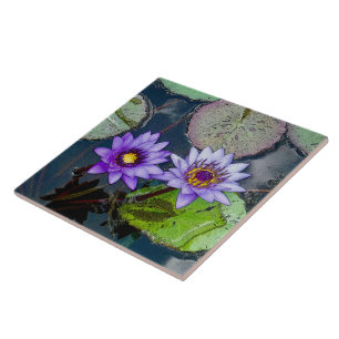 PURPLE TROPICAL WATER LILIES AMID LILY PADS CERAMIC TILE